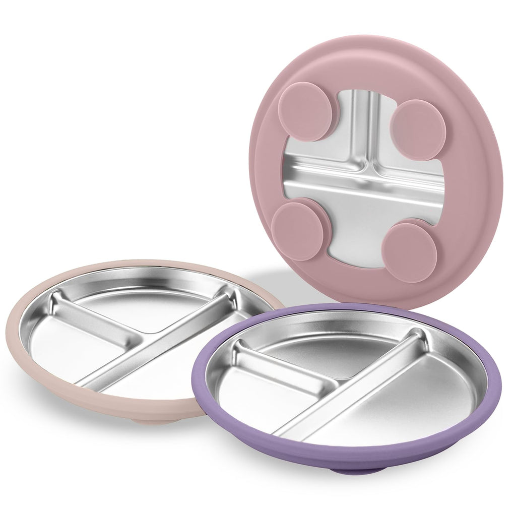 SPMKTQK 3 Pack Stainless Steel Kids Plates, Suction Divided, Baby Feeding