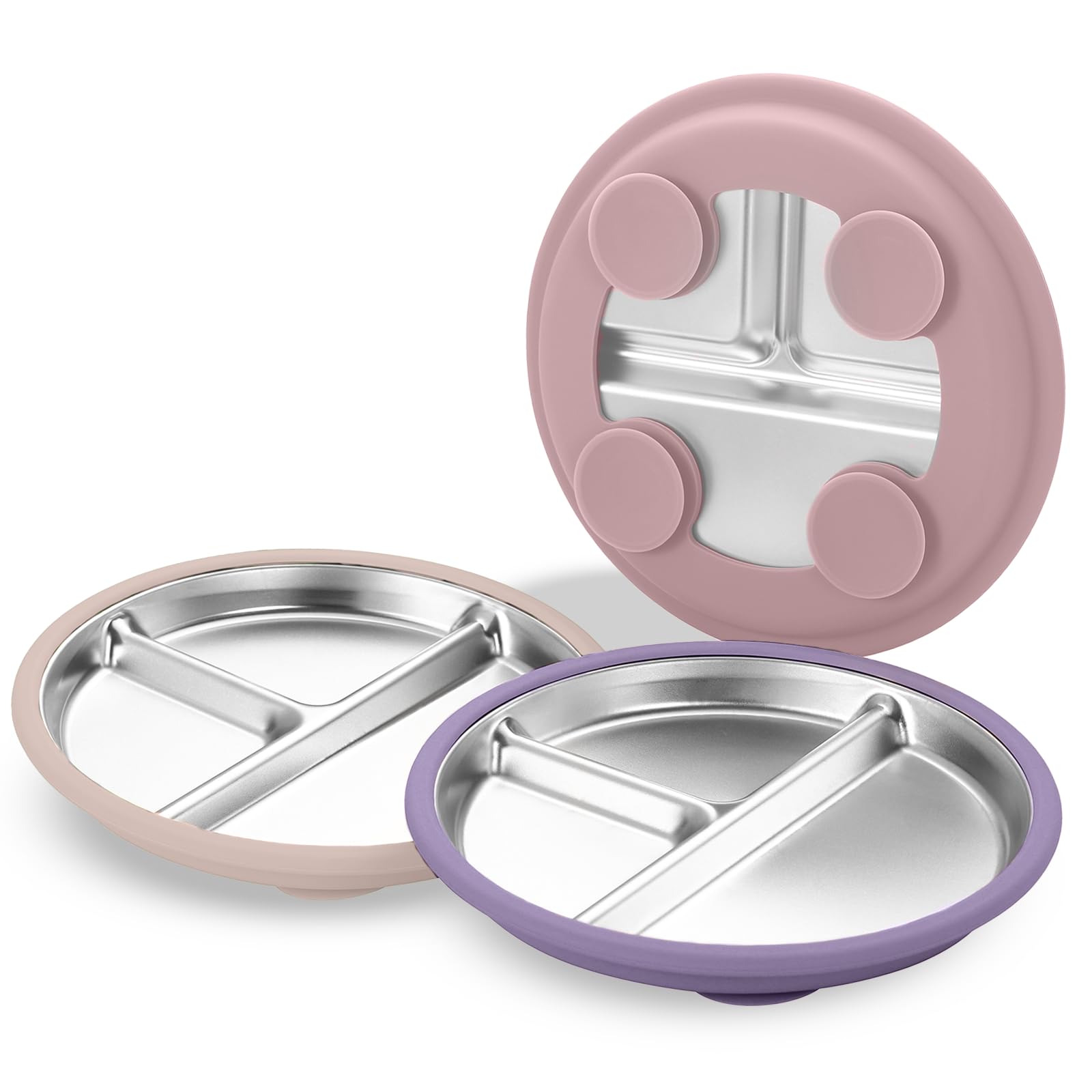 SPMKTQK 3 Pack Stainless Steel Kids Plates, Suction Divided, Baby Feeding