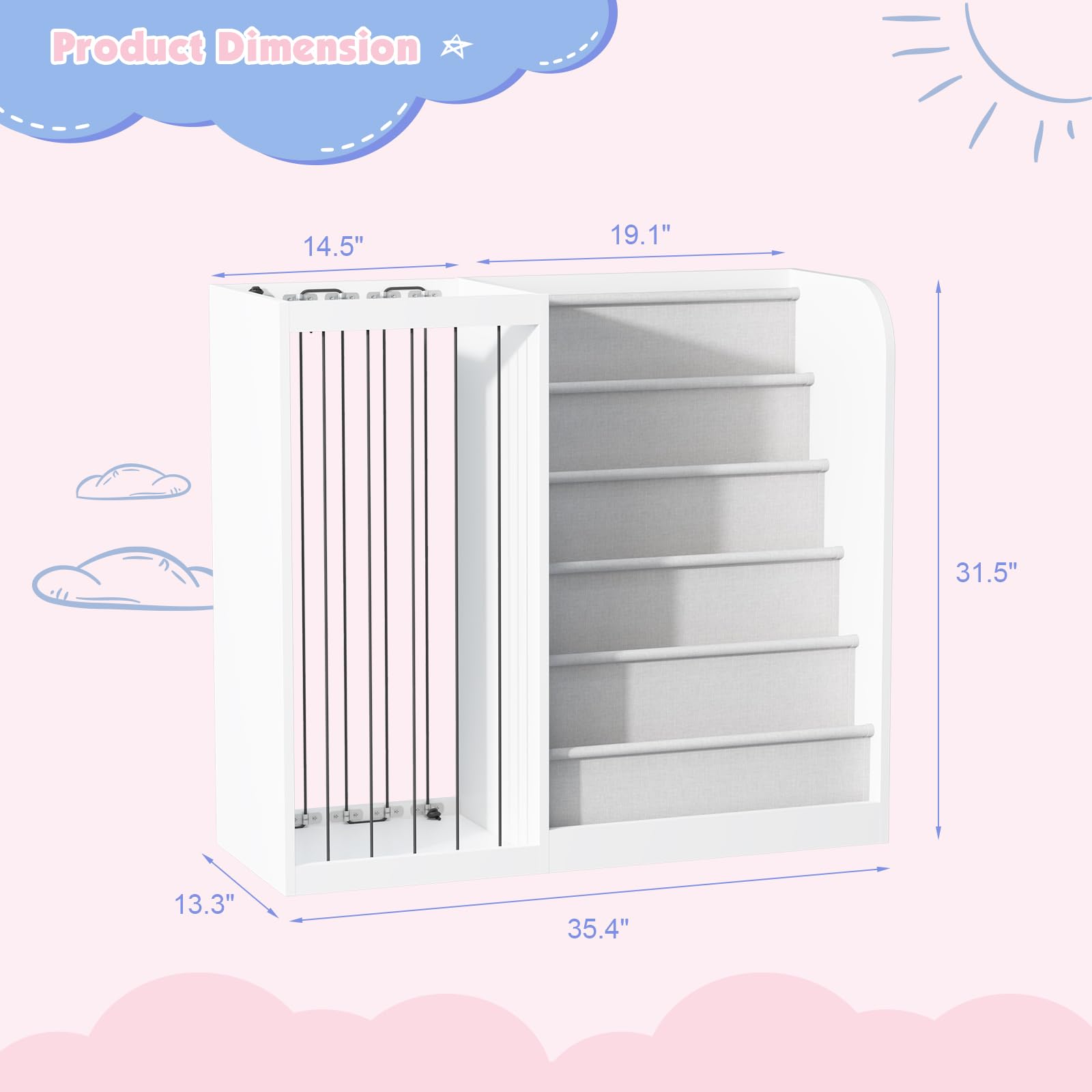 HedoAjim White Kids Bookshelf & Stuffed Animal Net Holder Plush Toy Storage Organizer Child Bookcase Toddler Baby Sling Book Rack for Playroom Bedroom Nursery Infant Boys Girls Classroom