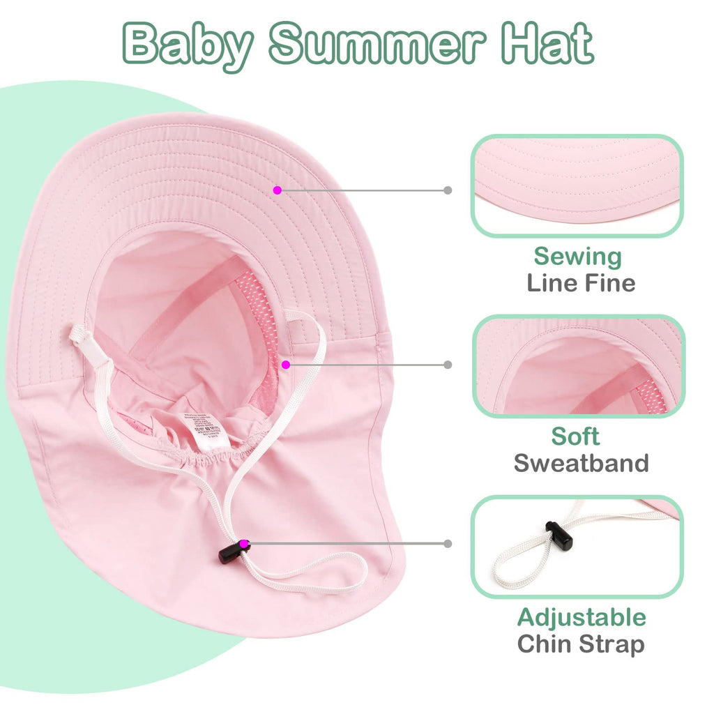 XIAOHAWANG Girls Sun Hat Baby Beach Hats Toddler Boys UPF 50+ Kids Summer Protection Cap Wide Brim Neck Flap(6-12Months,2 Pack(Pink+White))