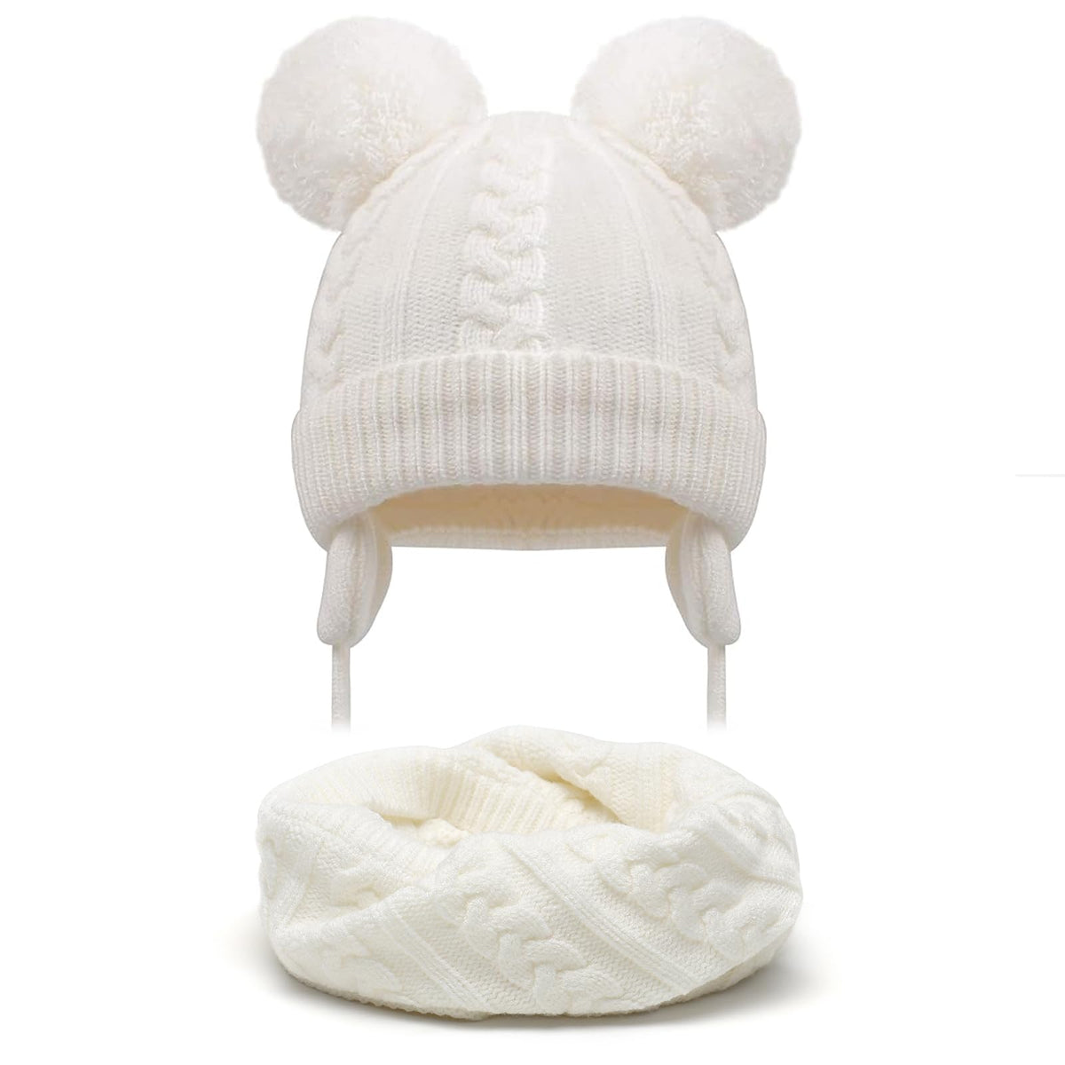 Duoyeree Toddler Winter Hat, Earflap Double Pom Pom Knit Beanie 0-36M