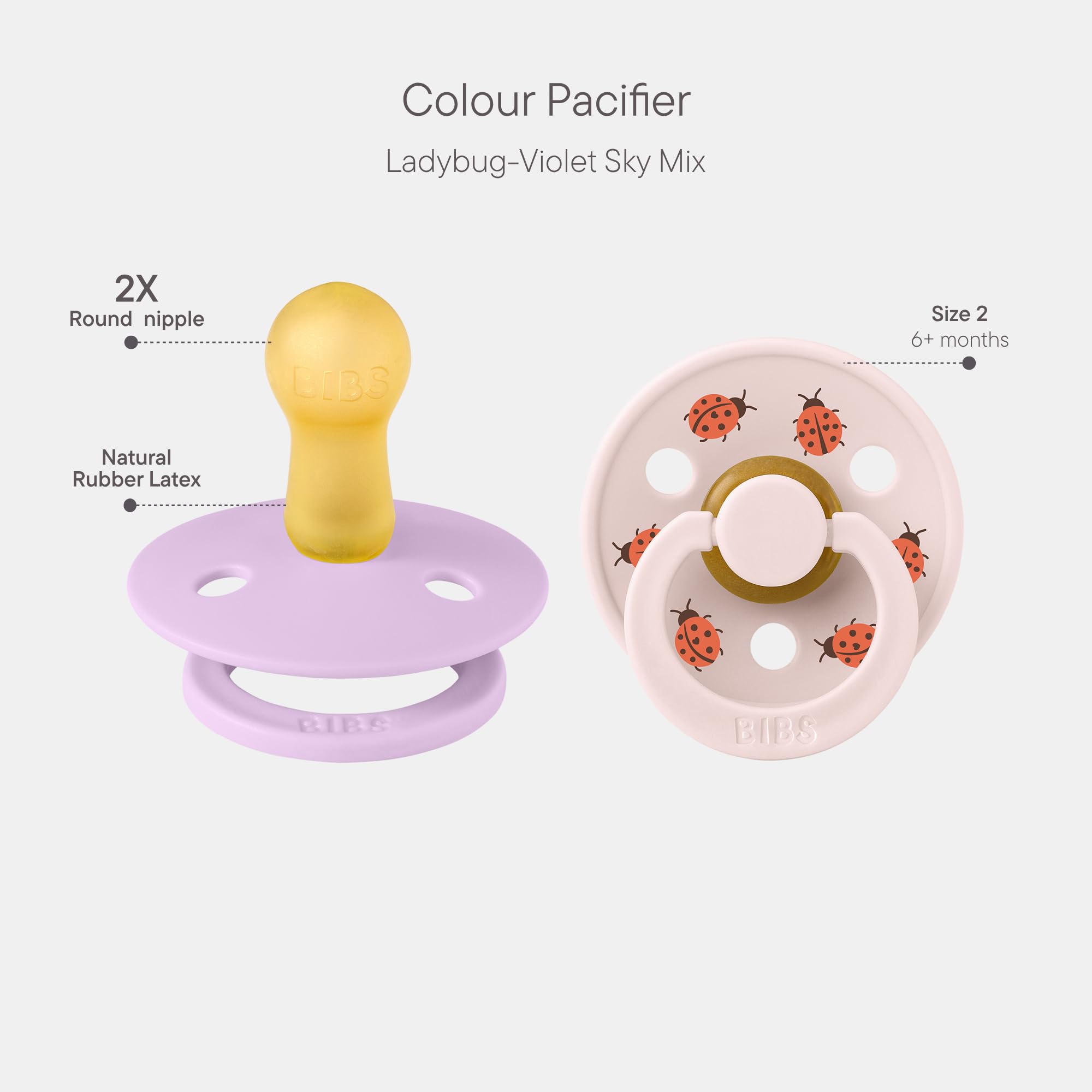 BIBS Colour Pacifier, 6-18 Months, 2-Pack, Round Nipple, Violet Sky/Petal