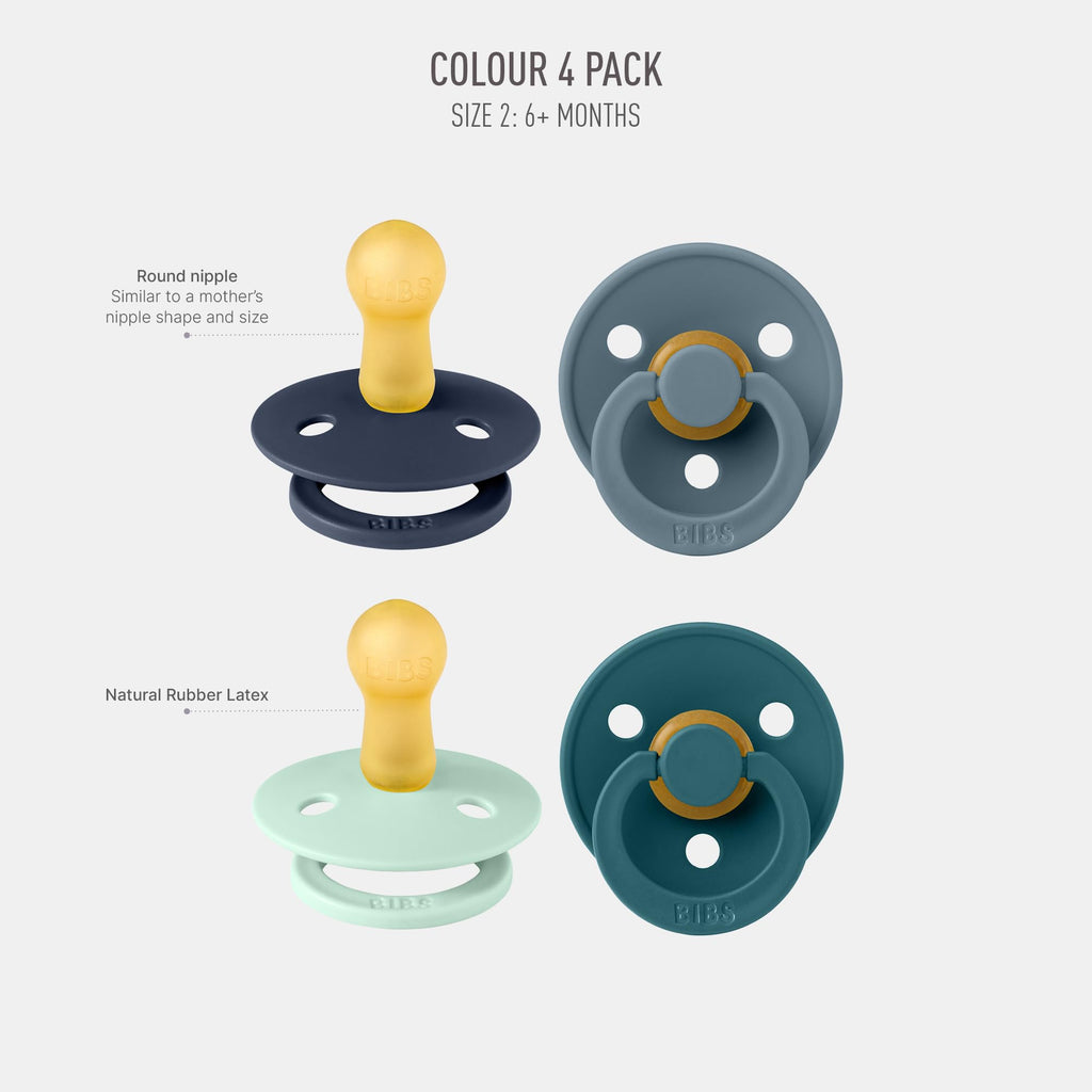 BIBS Pacifiers - Color 4 Pack | Round Nipple Baby Pacifier | BPA Free Natural Rubber Latex Soother | Made in Europe | Size 6-18 Months | Boy Colors