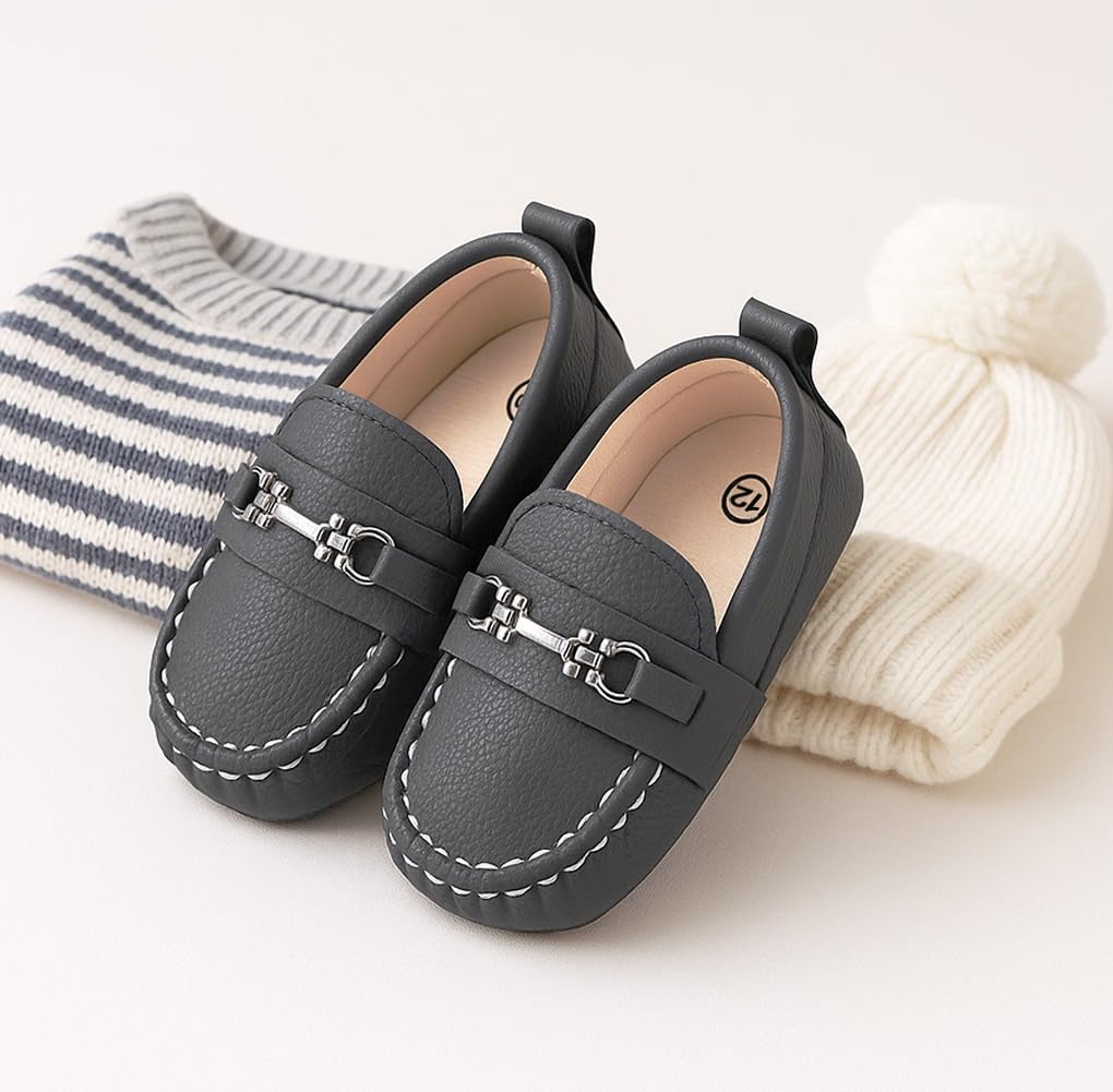LONSOEN Baby Boys Girls Loafers Slip-On Dress Shoes, Gray 0-6Months