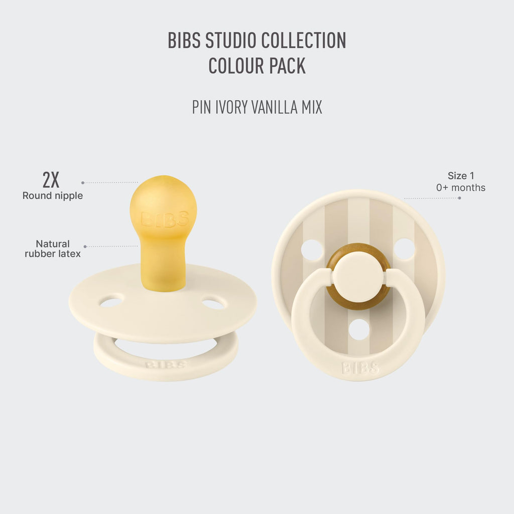 BIBS Colour Pacifier, 0-6 Months, 2-Pack, Round Nipple, Pin Ivory Vanilla