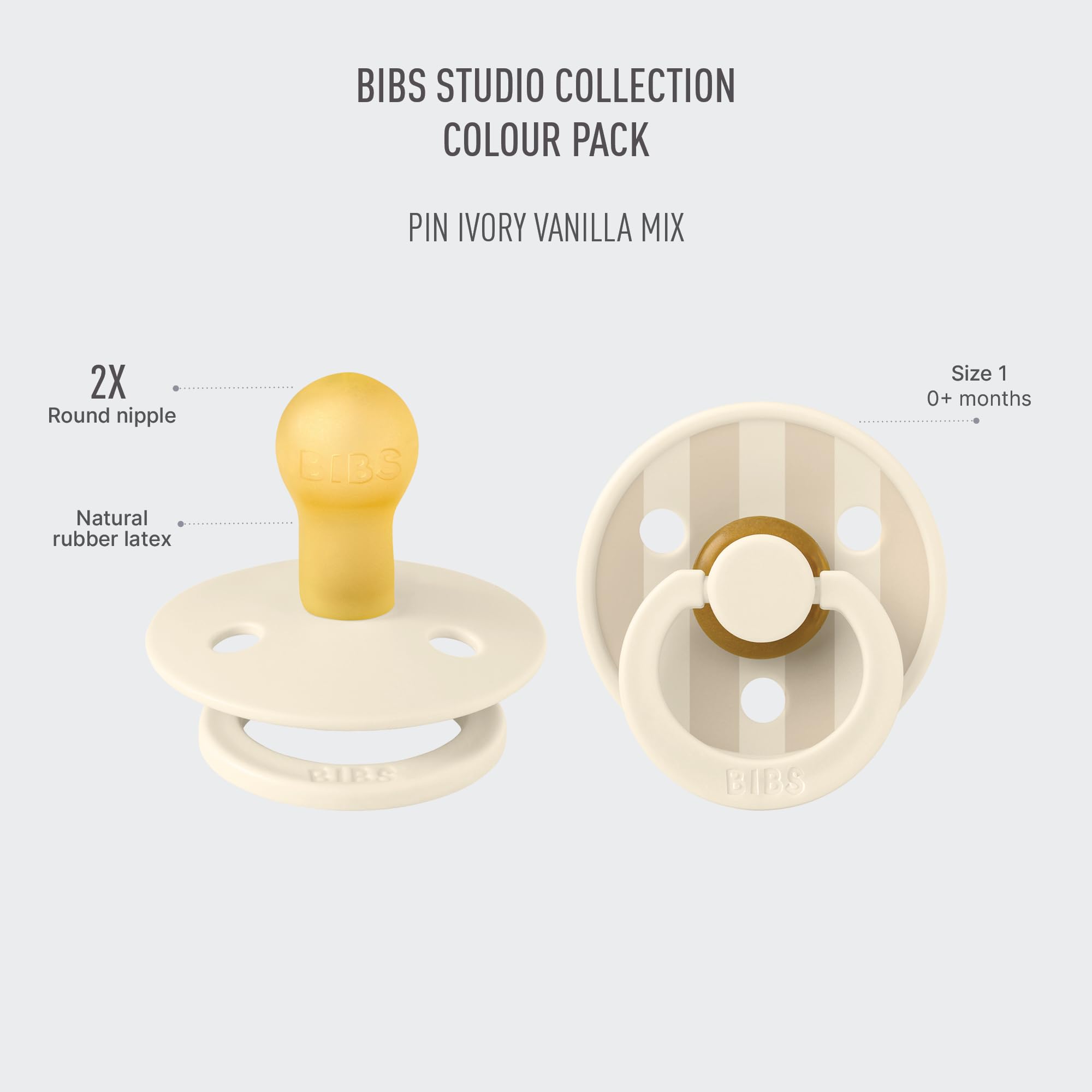 BIBS Colour Pacifier, 0-6 Months, 2-Pack, Round Nipple, Pin Ivory Vanilla