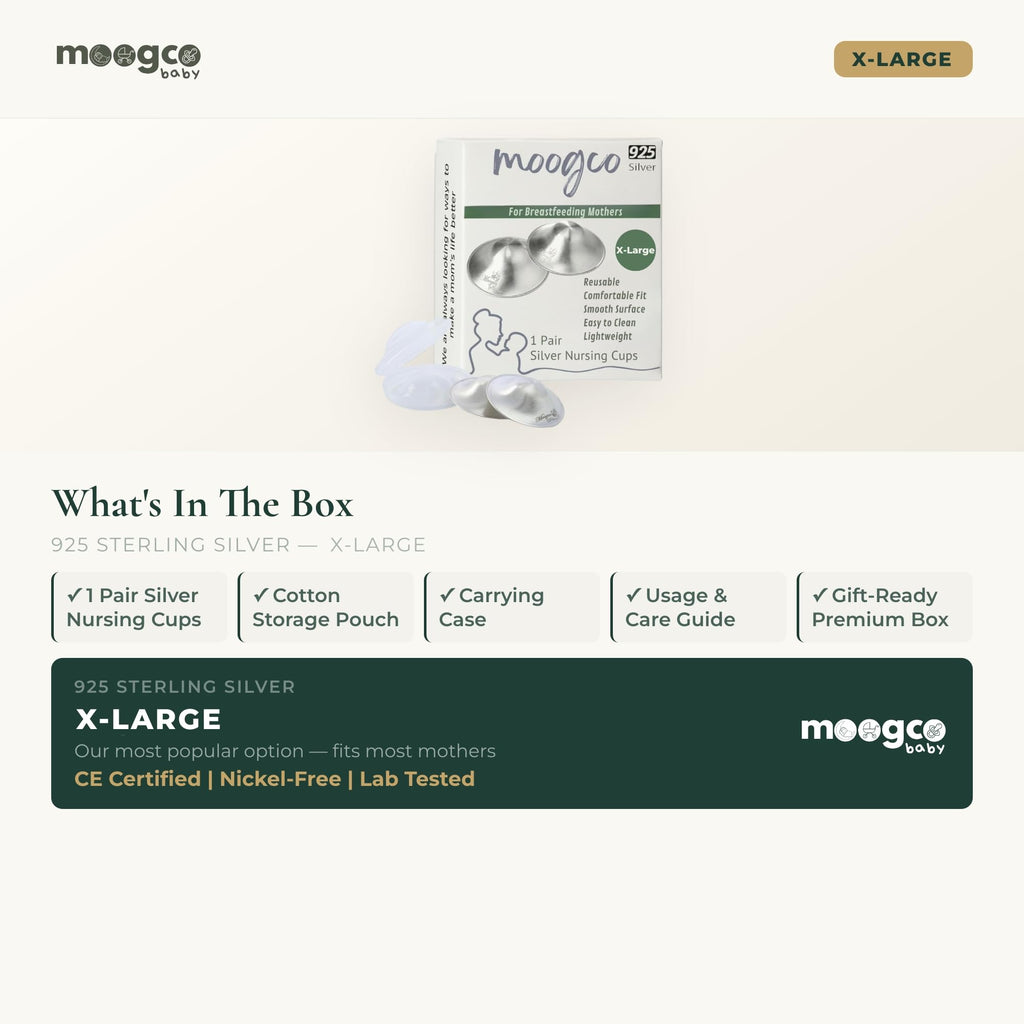 MOOGCO The Original Silver Nursing Cups - Nipple Shields for Nursing Newborn - Breastfeeding Essentials - Newborn Essentials Must Haves - Nipple Covers Breastfeeding - 925 Silver (X-Large)