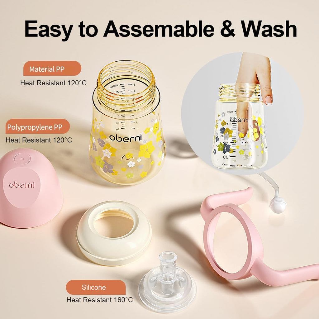No Spill Sippy Cups,Weighted Straw Toddler Water Bottle with Handle,Spill Proof Toddler Cup with 2 Nipple for Baby 6-12 Months and Toddlers 1-3 (PP, 8 Ounce, Pink, 1 Pack)