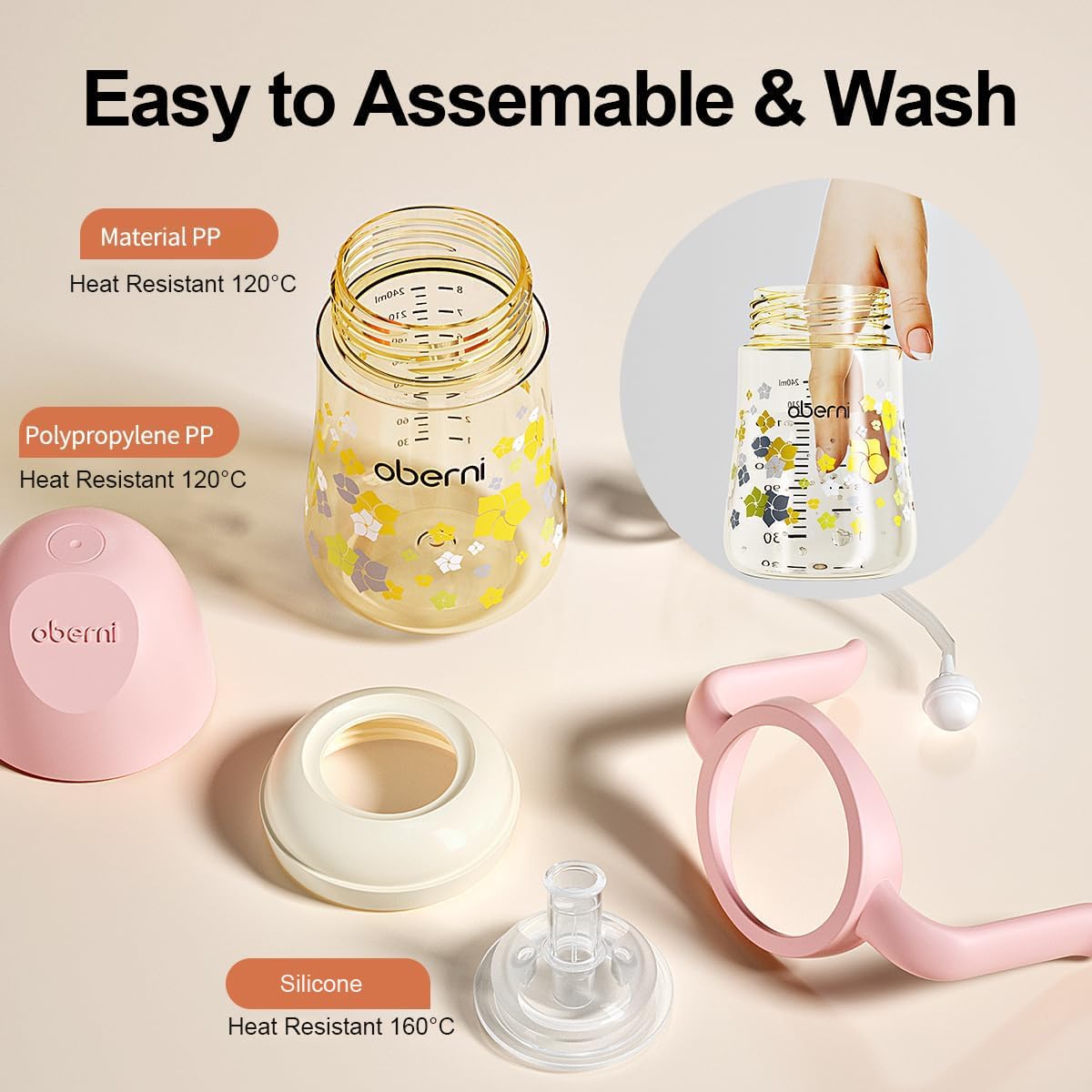 No Spill Sippy Cups,Weighted Straw Toddler Water Bottle with Handle,Spill Proof Toddler Cup with 2 Nipple for Baby 6-12 Months and Toddlers 1-3 (PP, 8 Ounce, Pink, 1 Pack)