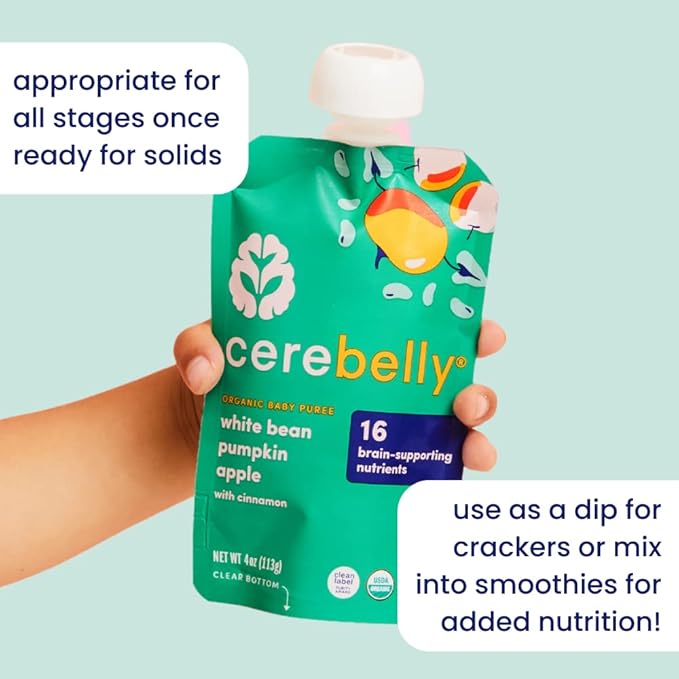 Cerebelly Organic Baby Food Pouches, White Bean Pumpkin Apple Purees, 16 Nutrients, No Added Sugar, Fiber & Non-GMO, 4oz, 12 Pack