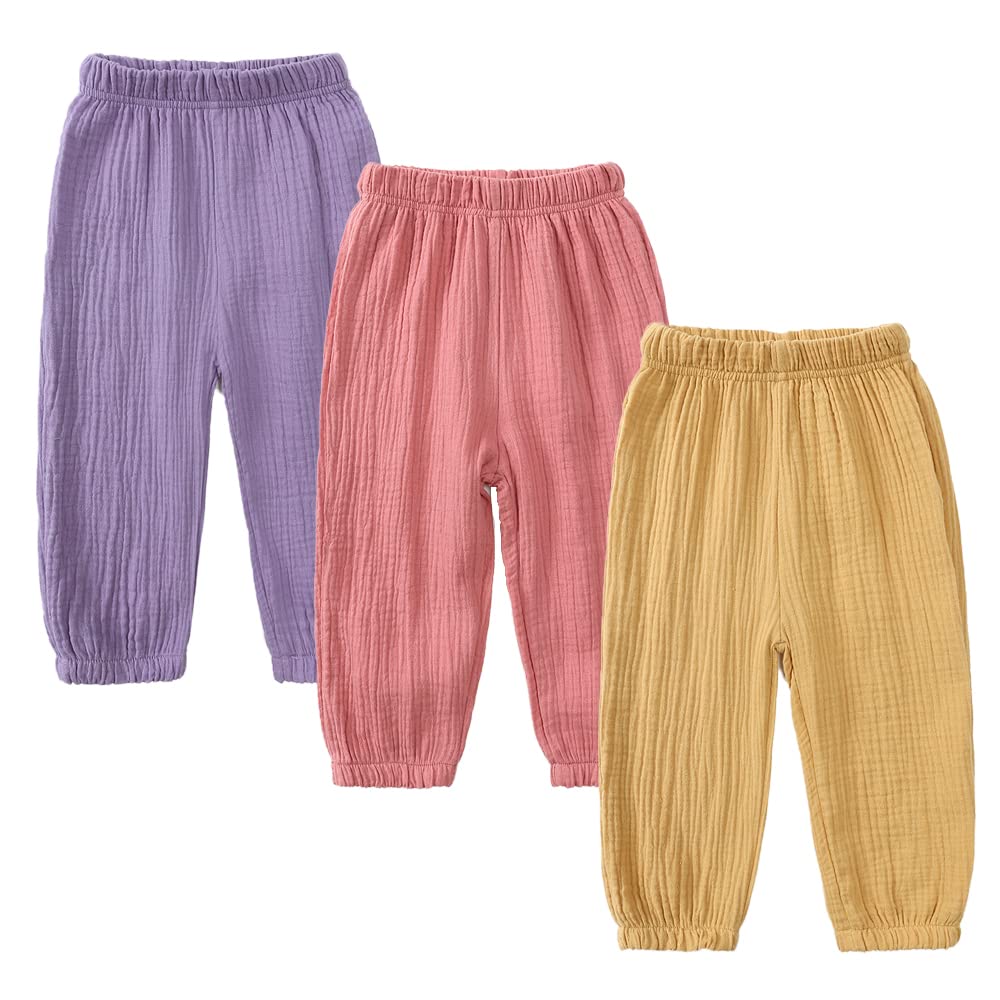 MYGBCPJS Baby Boys Girls 3 Pack Cotton Linen Long Bloomers Ankle Length Trousers Kids Lightweight Elastic Waist Harem Pants