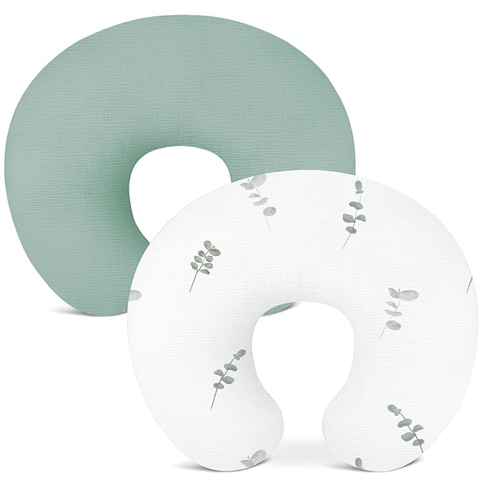 Nursing Pillow Covers 2 Pack, Muslin Nursing Cover for Breastfeeding Pillows, Comfortable for Baby Girls and Boys (Leaf-A & Sage)