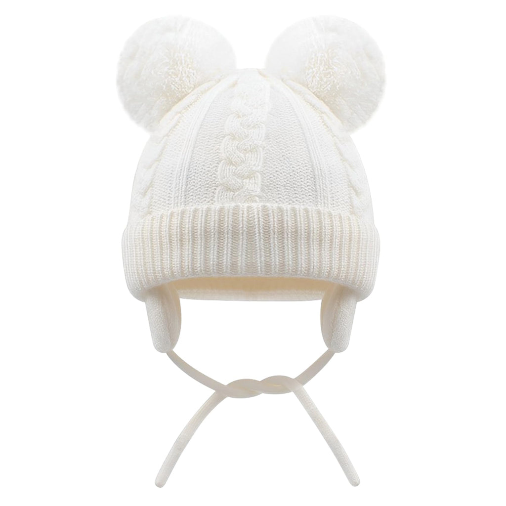 Duoyeree Toddler Winter Hat, Earflap Double Pom Pom Knit Beanie 0-36M