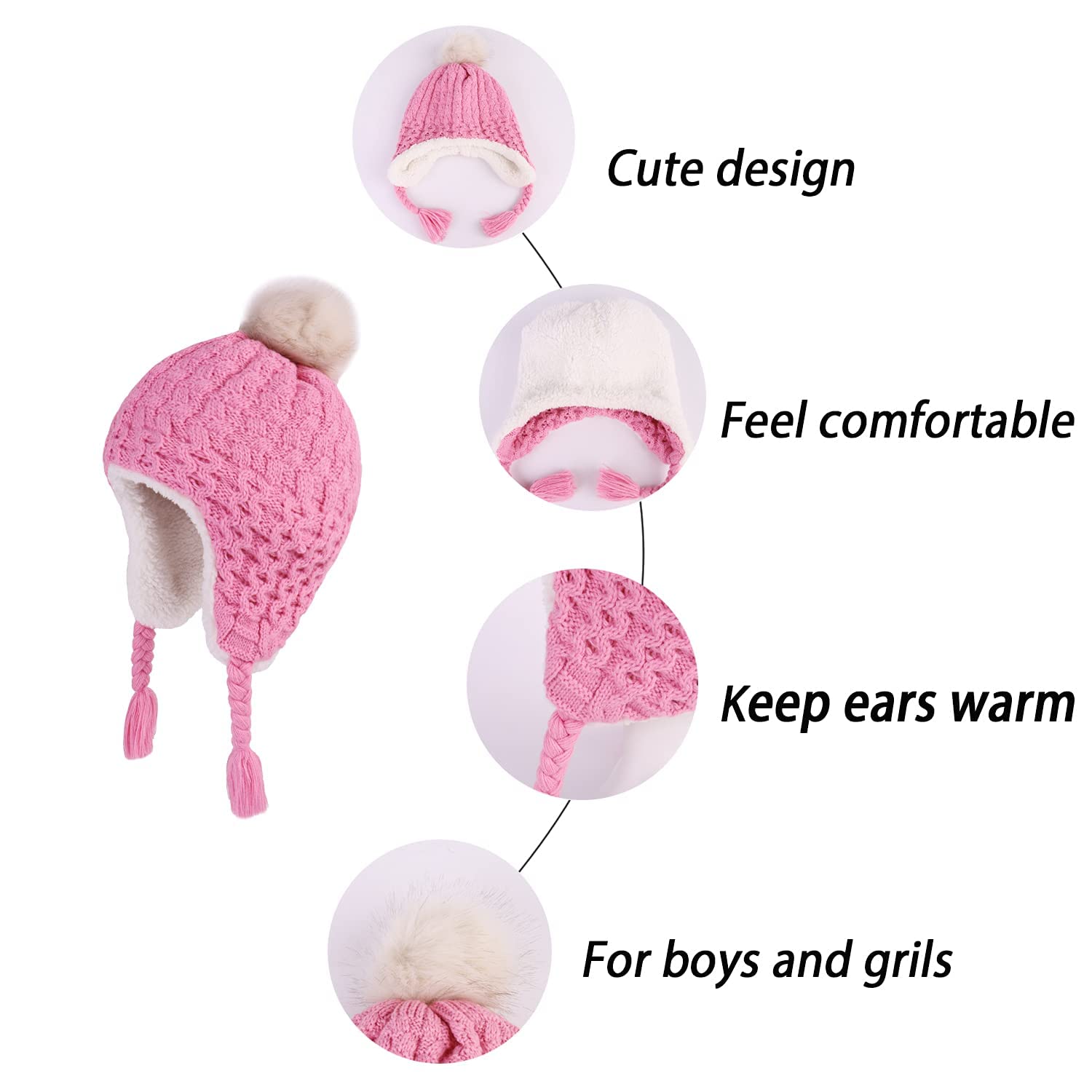 LANGZHEN Toddler Kids Winter Hat,Earflap Knit Warm Cap Fleece Lined Beanie for Baby Girls (Peach, 12-24 Months)
