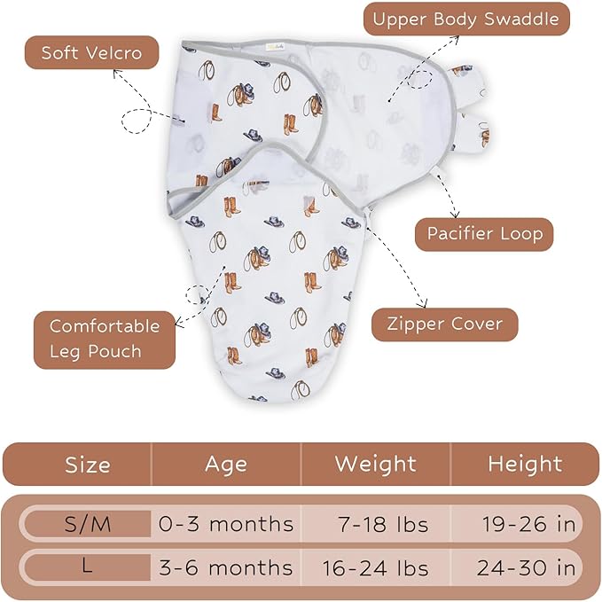 LollyBanks 100% Organic Cotton Baby Boy Essentials Swaddles 3-6 Months, Newborn Swaddle with Easy Change Zipper, Western Baby Swaddle Blanket Wrap (Cowboy Print)