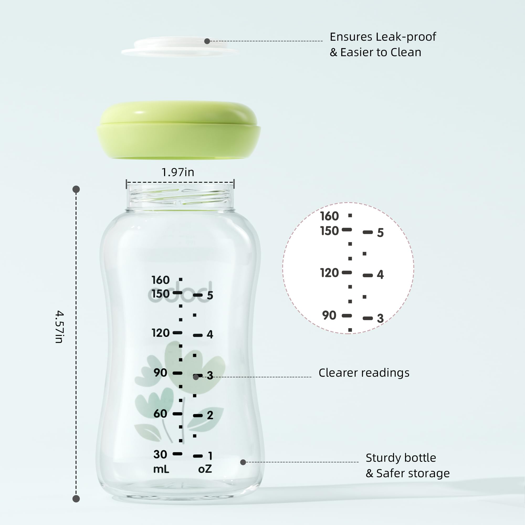 YOHKOH Glass Breast Milk Storage Bottles - 100% Leak-Proof, BPA-Free Breastmilk Storage Containers, Freezer & Dishwasher Safe, Ideal for Nursing Mothers (Green, 5.4oz (Pack of 6))
