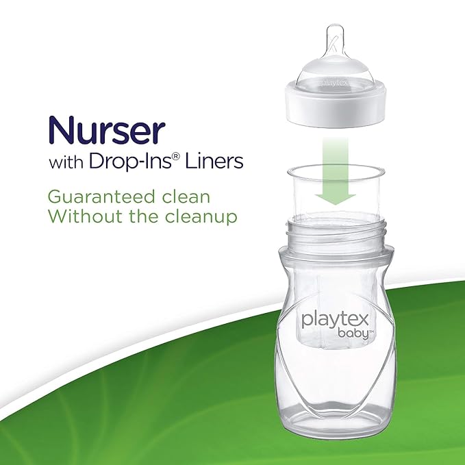 Playtex Baby Nurser Newborn Gift Set with Drop-Ins Bottle Liners, Closer to Breastfeeding, 4 Bottles (2x4 Oz, 2x8 Oz), Liners and PODS, 2 Binky Pacifiers, Bottles for Newborn and Breastfeeding Babies