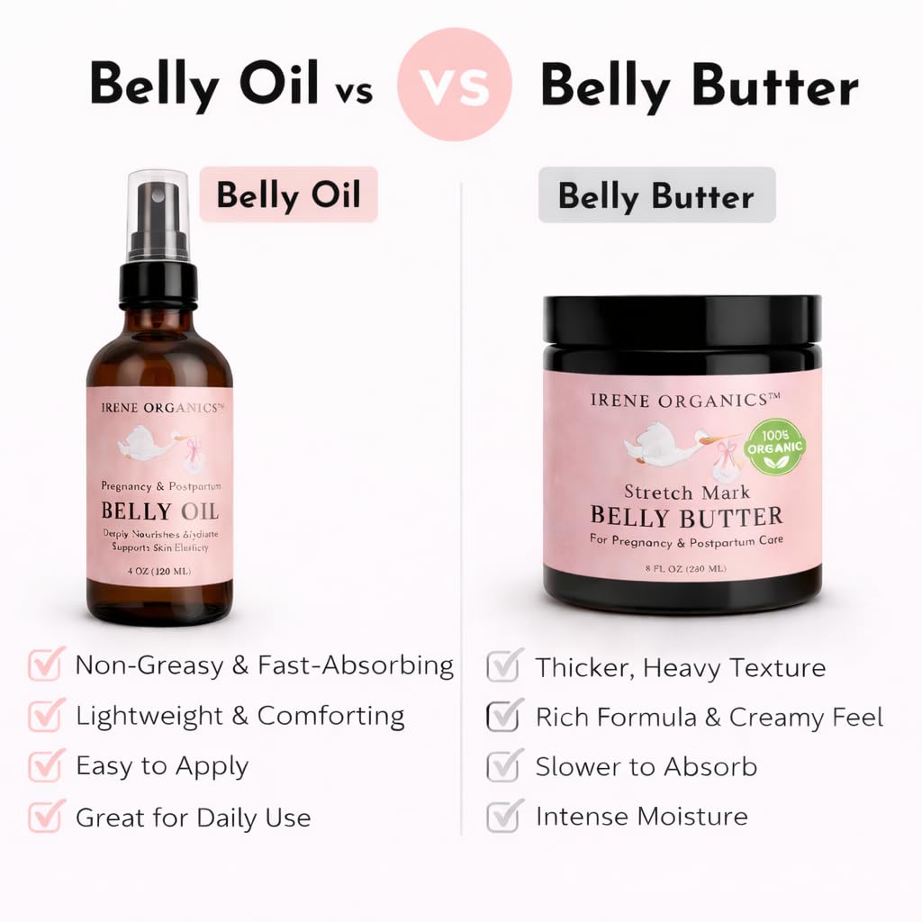 Irene Organics Organic Belly Oil for Pregnancy & Postpartum – Lightweight, Non-Greasy Stretch Mark Support Oil – Hydrating Vitamin E Bump Serum, Unscented & Pregnancy Safe