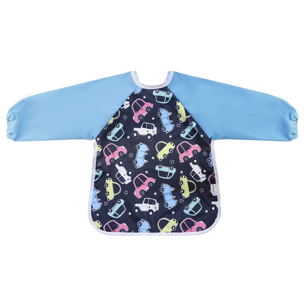 Hi Sprout Infant Toddler Baby Waterproof Sleeved Bib, Bib with Sleeves&Pocket, 6-24 Months (Car)