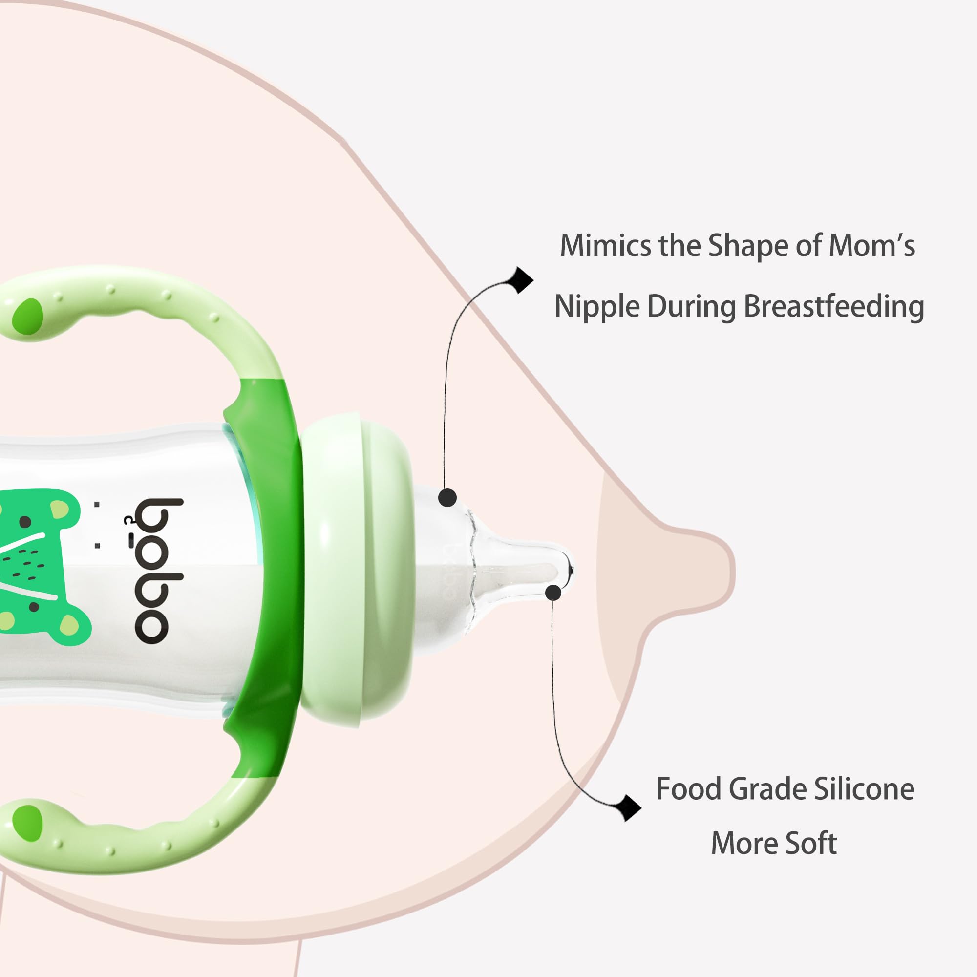 YOHKOH Natural Glass Baby Bottle with Natural Response Nipple, Wide Neck Baby Bottles with Handle, Newborn Anti-Colic Baby Bottles Gift Set, Clear (5.4oz (Pack of 4), Green)