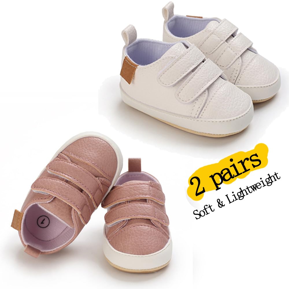 eitwo 2Pairs Baby Shoes,Boys Girls Non-Slip Rubber Sole Sneakers,Unisex Infant Soft Lightweight First Walking Crib Shoes (2Pairs_White+Pink,3-6 Months)
