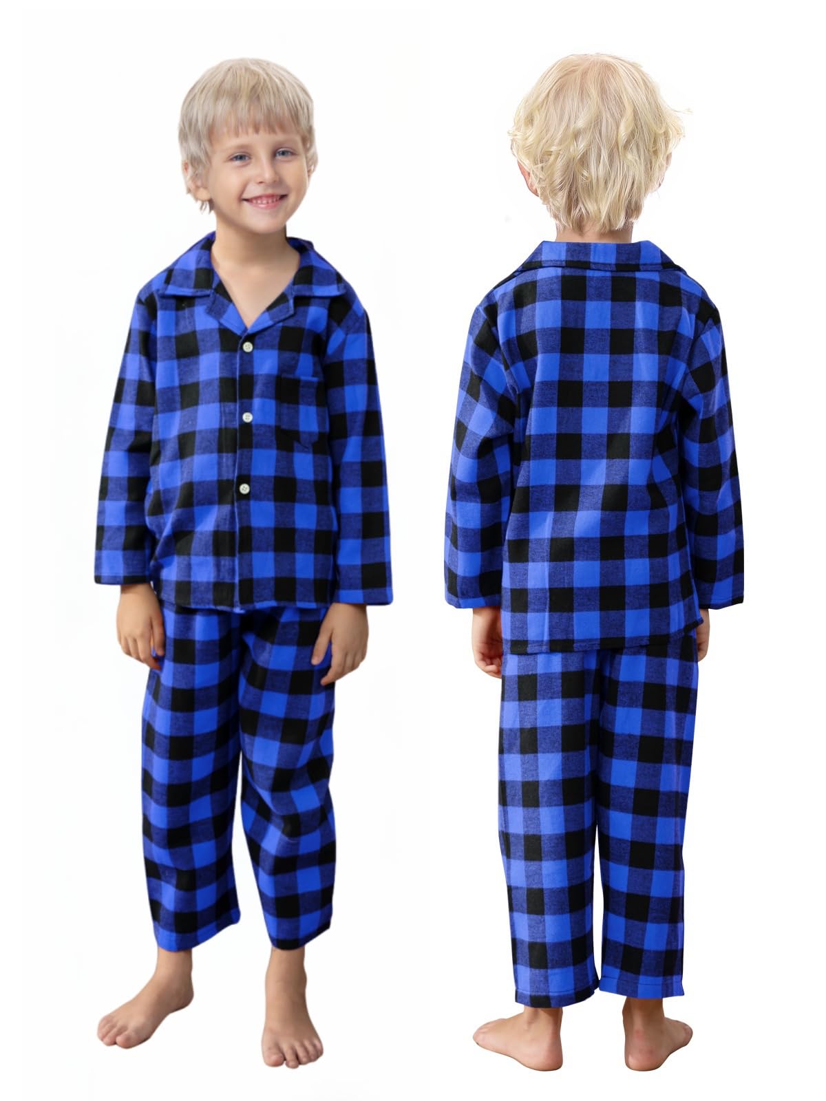 Kids Plaid Pajamas Set, Baby Toddler Little Boy's Girl's 2-Piece Button Down Sleepwear Pjs, Black Blue, 2-3T = Tag 100