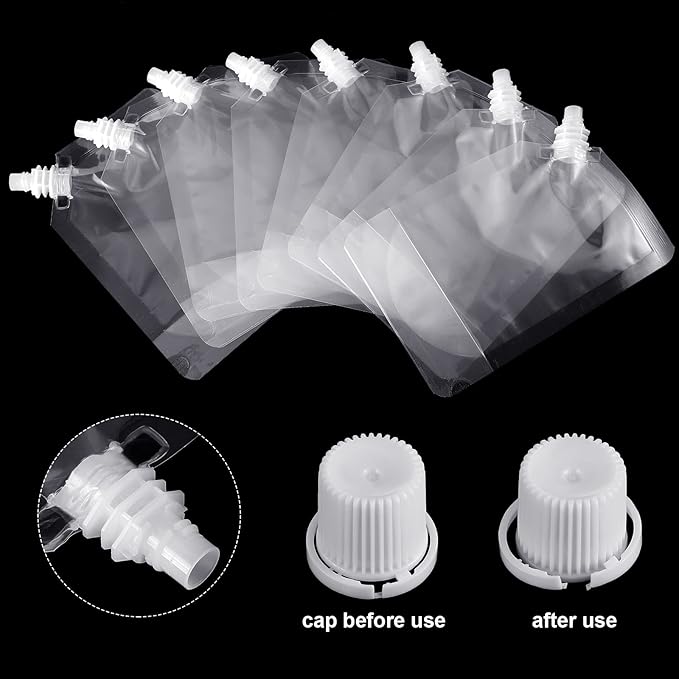 Meanplan 100 Pcs Plastic Pouches Bulk Reusable Squeeze Pouches Clear Plastic Juice Leak Proof Bags with Funnel for Party Favors Supplies(6.7 oz,Inclined Mouth)