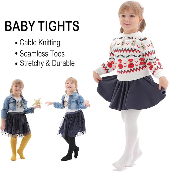 EPEIUS Baby & Toddler Girls Cable Knit Tights - Solid Cotton Stockings, Seamless Footed Leggings, 3 Pair Pack, Black/Gold/Ivory
