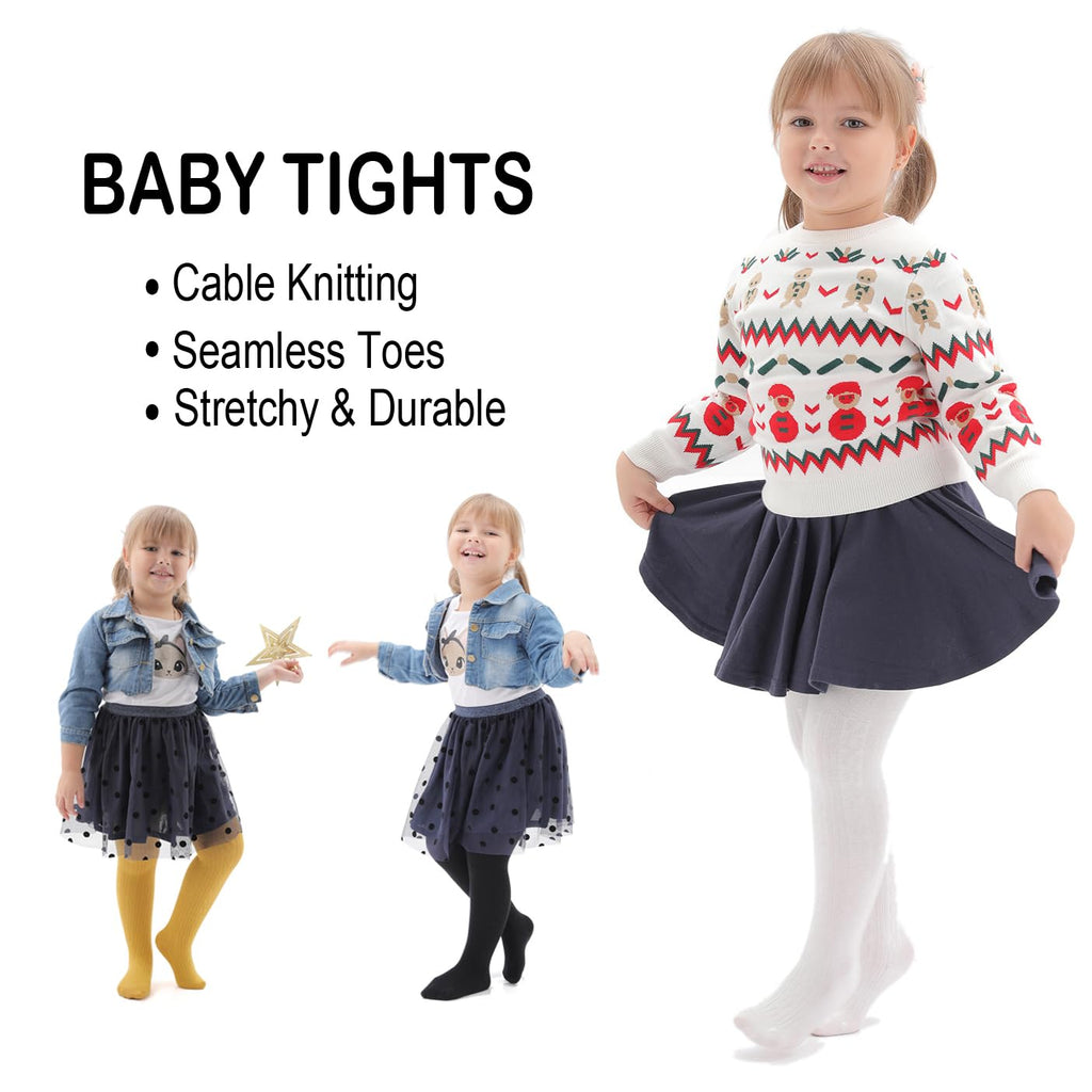 EPEIUS Baby Tights Toddler & Little Girls Cable Knit Tights Solid Cotton Stockings Seamless Footed Leggings Pantyhose Dress Tights Clothes 6-8 Years,3 Pair Pack,Black/Gold/Ivory