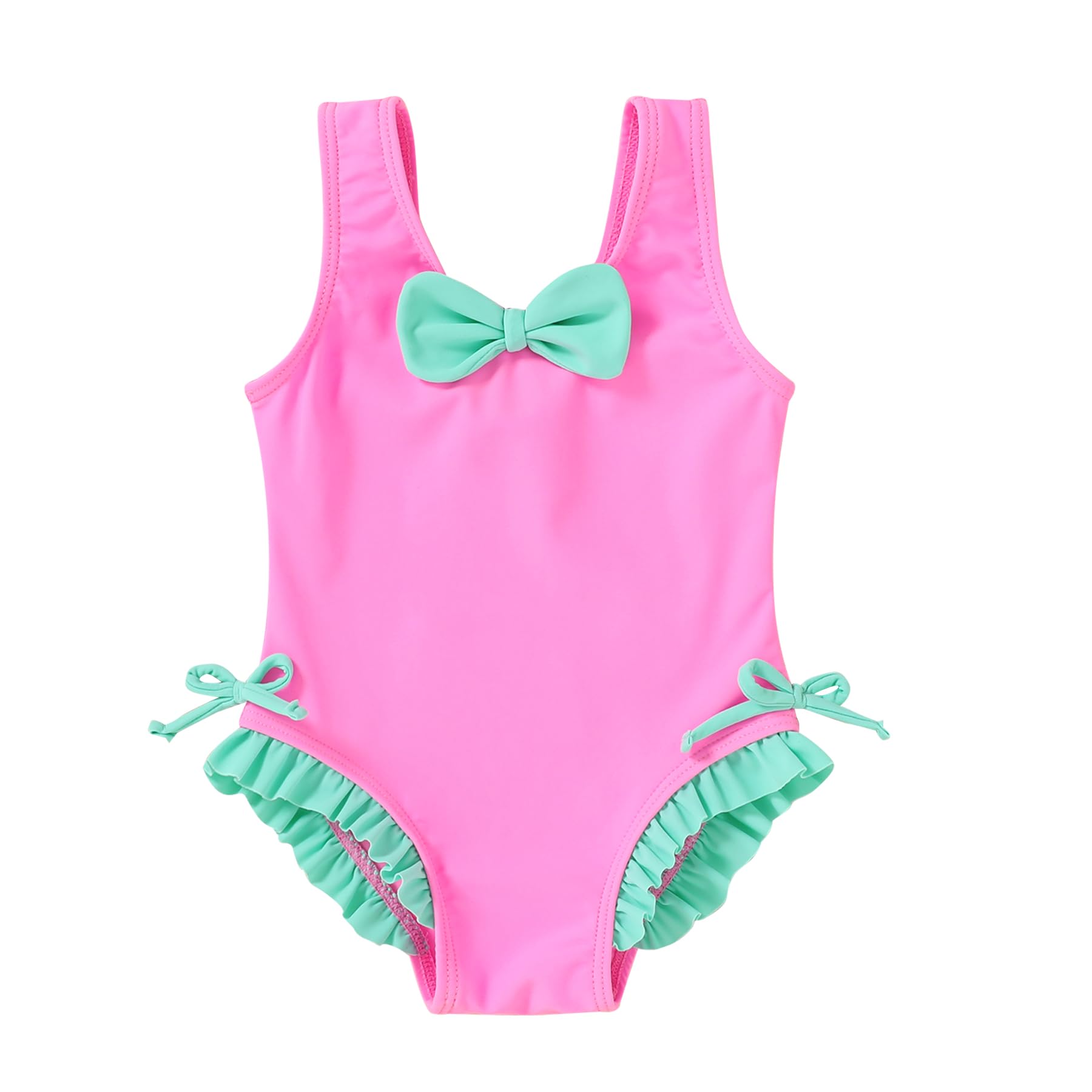 YOUNGER TREE Toddler Swimsuit Girl Cute Stripe One-Piece Ruffle Swimwear Baby Girl Bathing Suits with Bow(18-24 Months,Pink and Green Bow)