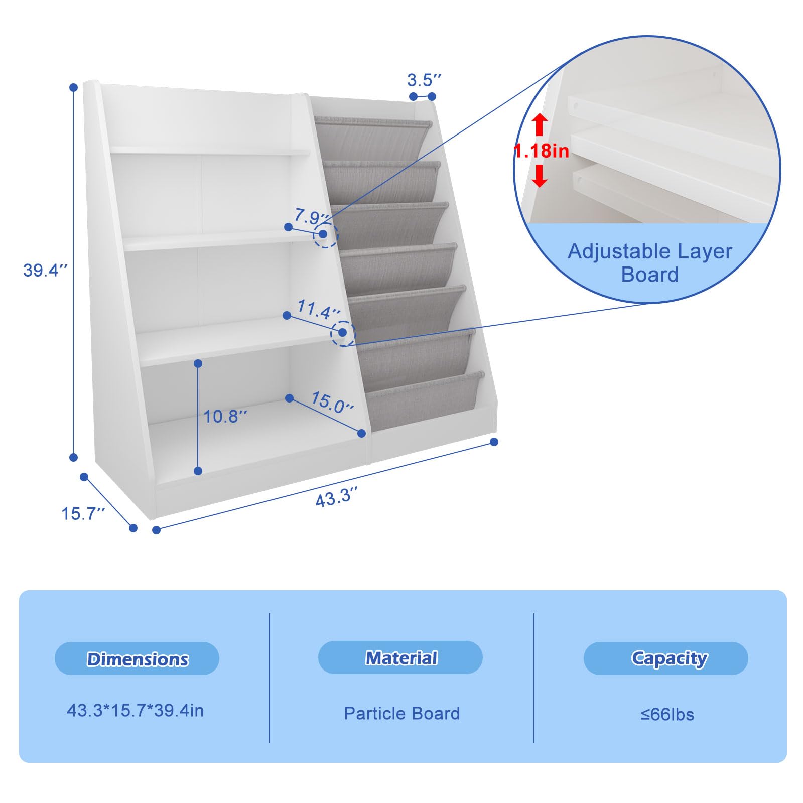 HedoAjim White Kids Bookshelf Wood Toy Storage Organizer Cabinet Children Bookcase Toddler Baby Sling Book Rack Adjustable Shelf for Playroom Bedroom Nursery Hallway School Kindergarten