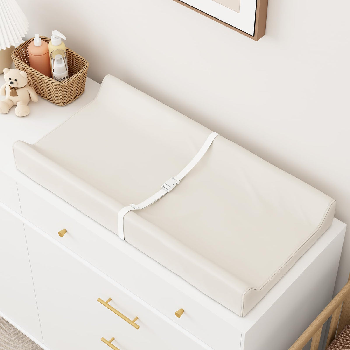 YACODAVO Wipeable Baby Changing Pad for Dresser and Table, Cozy Diaper Changing Pad with Waterproof & Wipe-Clean Leather Cover, Light Brown