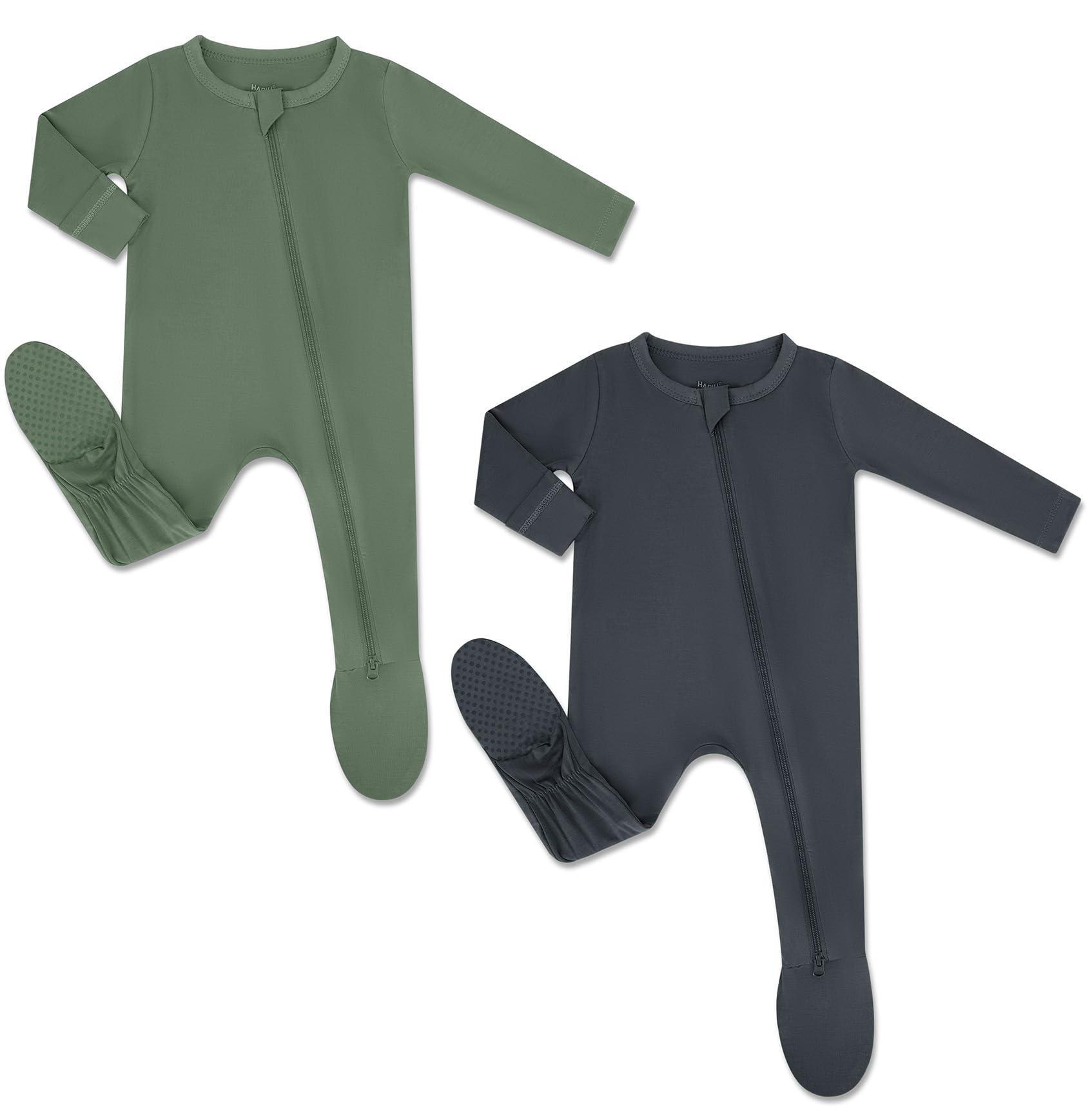 HAPIU Rayon from Bamboo Baby Footed Pajamas, 2 Way Zipper YKK, Footie for Baby Boy Girls, Newborn-24 Months, 2-Pack, Dark Forest Green&Dark Grey, 3-6 Months