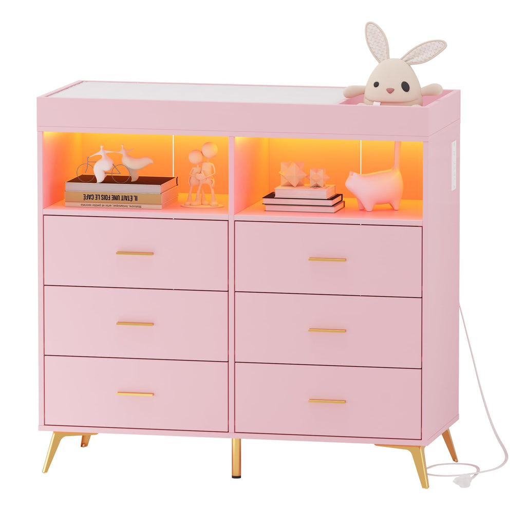 GarveeHome Dresser for Bedroom with 6 Drawers, Baby Changing Table Dresser with Changing Pad, LED Lights & Charging Station, Baby Changing Station with Changing Table Top (Pink)