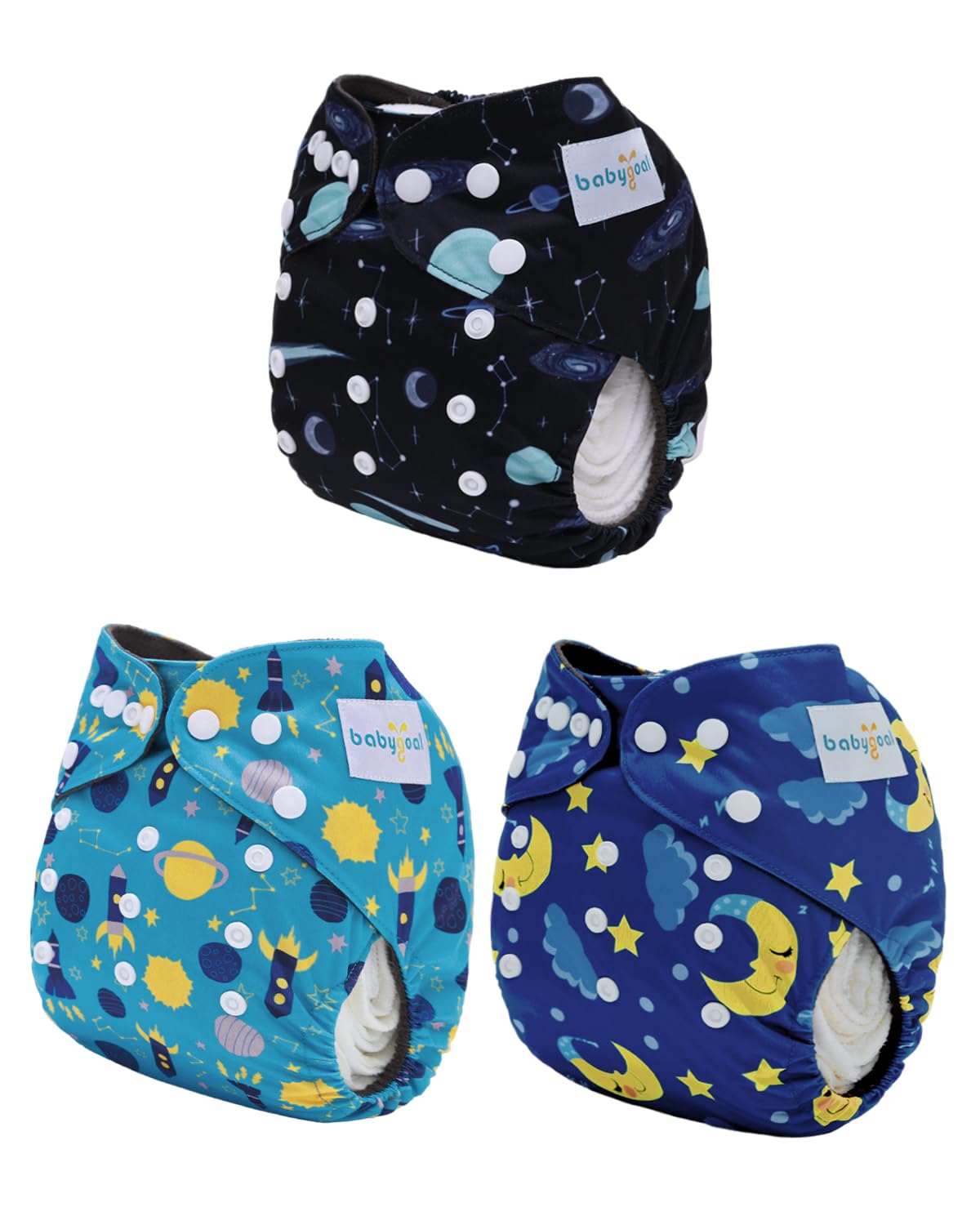 babygoal Reusable Charcoal Cloth Diapers with Double Gussets, 3 Pack Washable Baby Pocket Diapers with 3pcs Charcoal Inserts and Wet Dry Bag(Space,Moon,Star,Rocket)