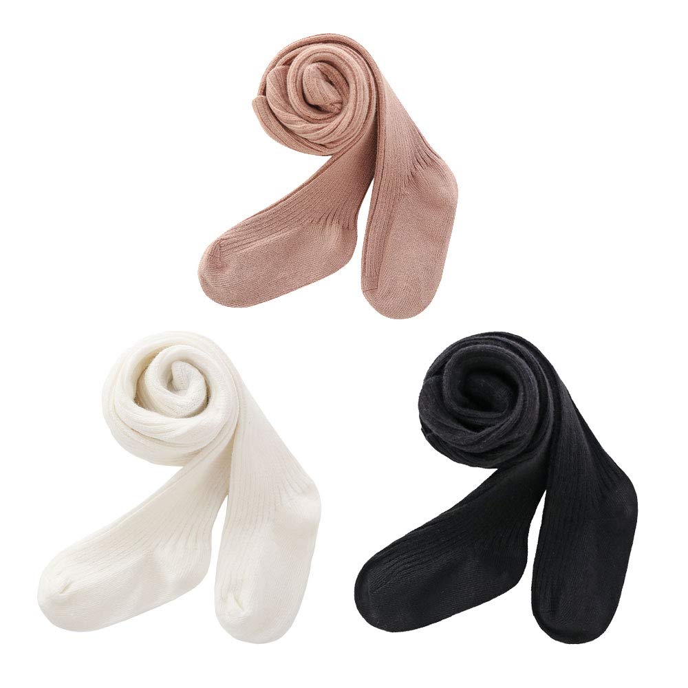 CECORC Girls Tights – Thick Toddlers Girl Leggings–Seamless Cable Knit Cotton Stockings – Girls' Accessories,8-10 Years, 3 Pack（Black+white+lightpink）