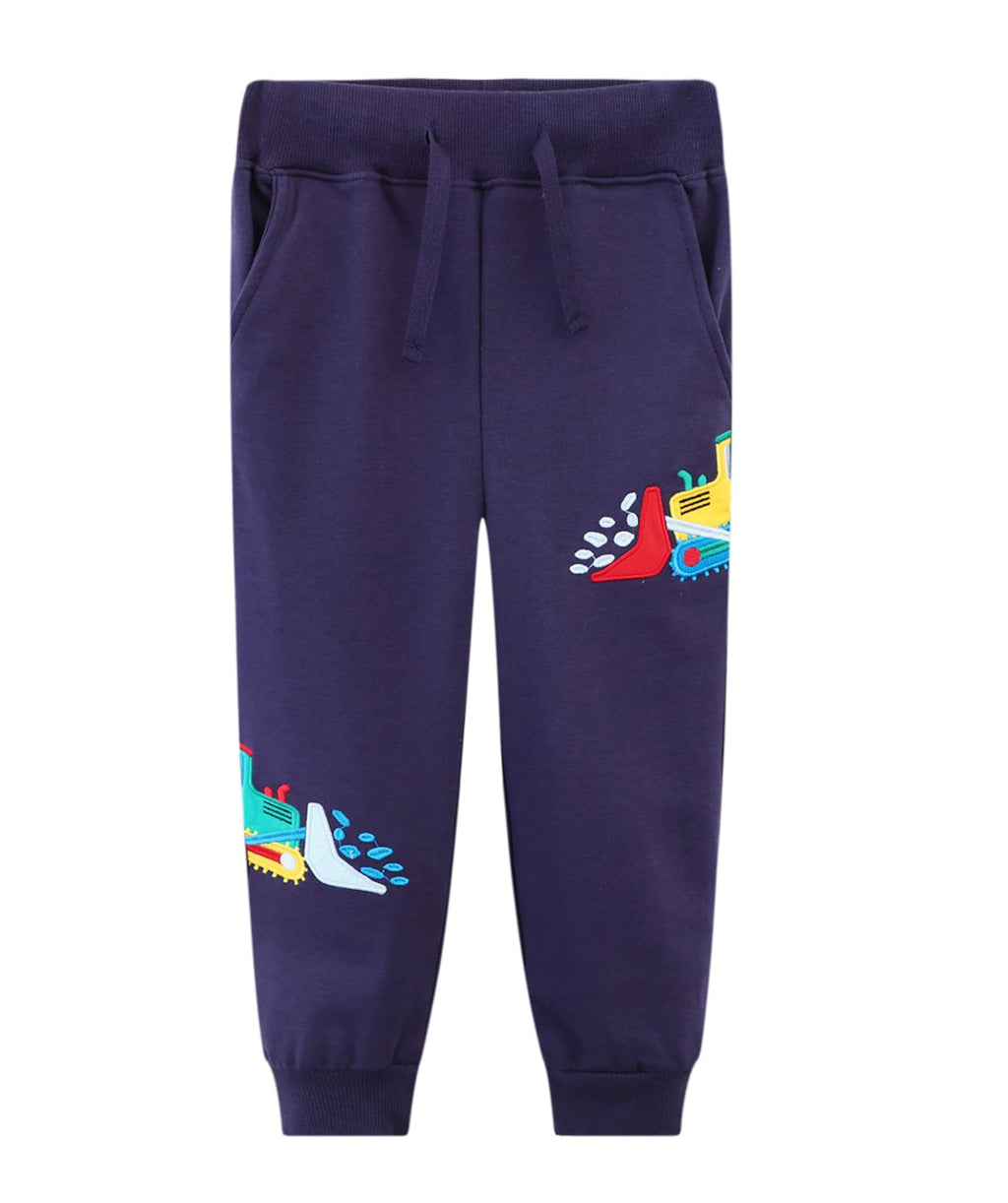 LOKTARC 2 Pack Toddler Boys Pants Drawstring Sweatpants Kids Active Cotton Jogger Pants Navy Excavator + Rocket 4-5Years