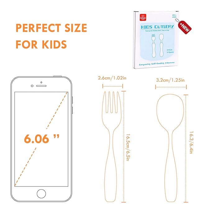 Lehoo Castle 6 Pieces Toddler Utensils, Kids Silverware for 2 3 4 Years Old, Stainless Steel Knife Fork and Spoon Set with Plastic Handle, Safe Toddler Cutlery (Black)