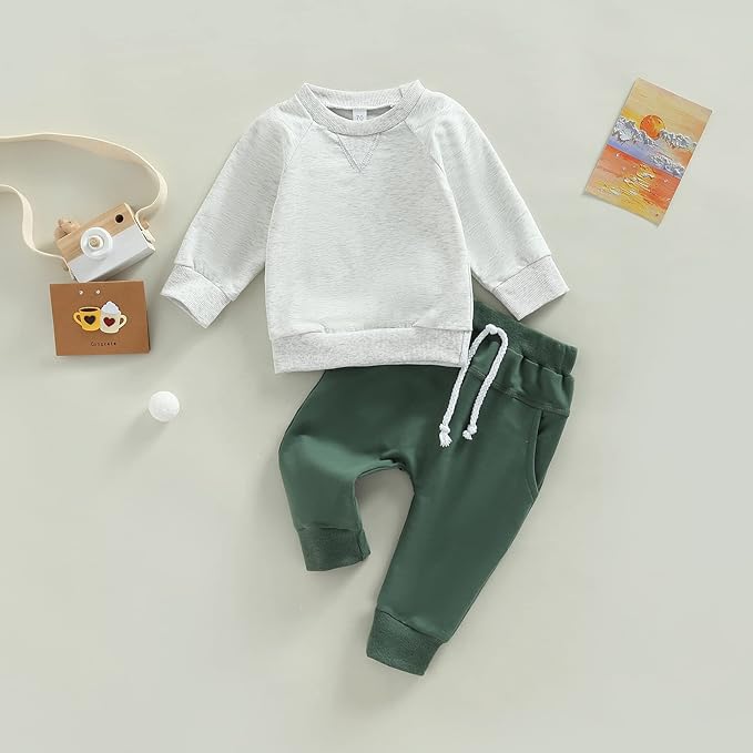 Toddler Baby Boy Clothes Solid Color Long Sleeve Crewneck Sweatshirt Top Casual Pants Set 2Pcs Fall Winter Outfits