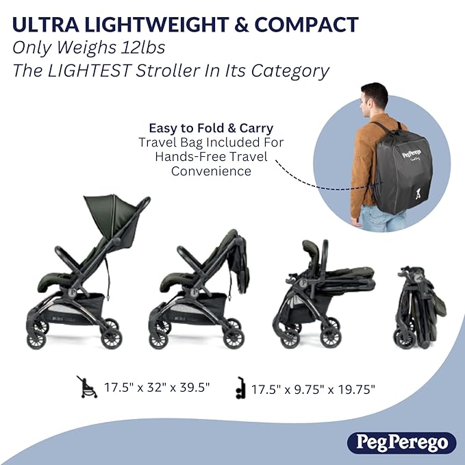 Peg Perego Volo, Ultra Lightweight Carry On Compliant Travel Stroller, Adjustable Features & Reclining Seat - Designed for Everyday Comfort from Newborn to 50lbs, Misty Beige (Light Greige)