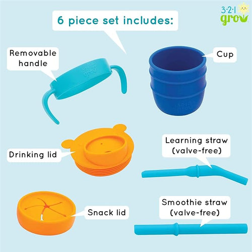 321 Grow Easy Learn Drink and Snack Set – Baby + Toddler Silicone Learning Cup & Snack Set, Training Cup for Straw and Open Cup Independence – Dishwasher Safe (Midnight)