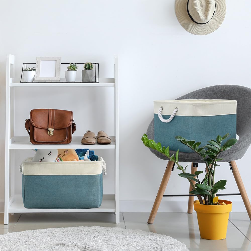 Sacyic Storage Basket for Organizing - 17X15X12 inch 2 Pack Canvas Storage Bin for Shelves, Fabric Storage Cubes for Cloth Decorative Books Nursery (White & Green)