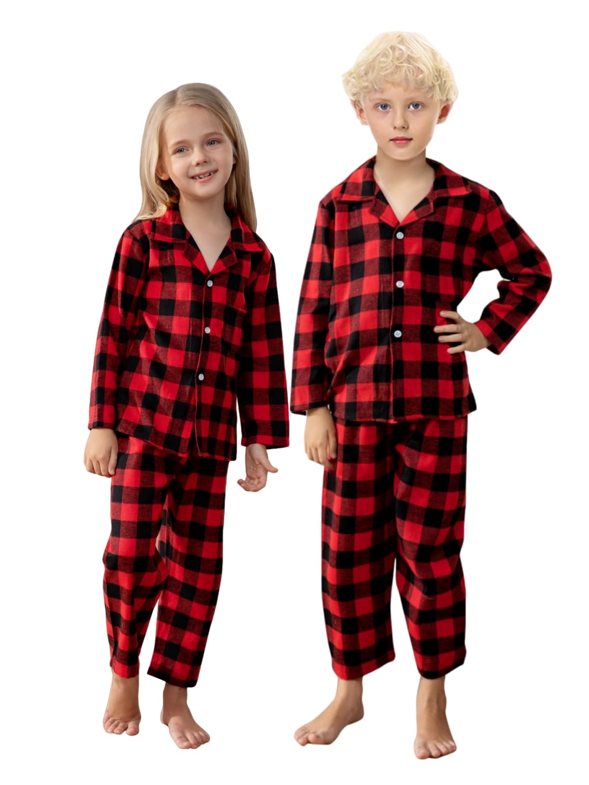 Schbbbta Pajamas for Womens, Family Flannel Red Plaid Pajamas Cotton 2-Piece Button Down Sleepwear Pjs Sets, Black Red, US L
