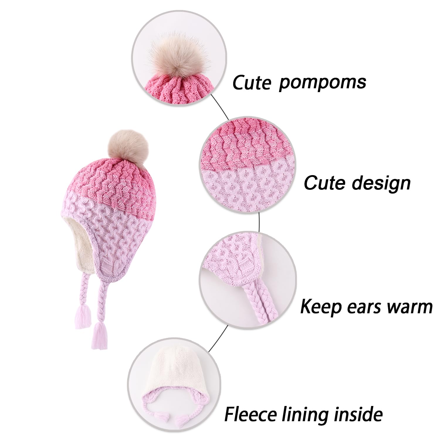 LANGZHEN Infant Pom Pom Beanie Kid Winter Hats Toddler Cap Knit Warm Beanies Caps for Baby Boys Girls(Gradient-Pink+Purple,6-12 Months)