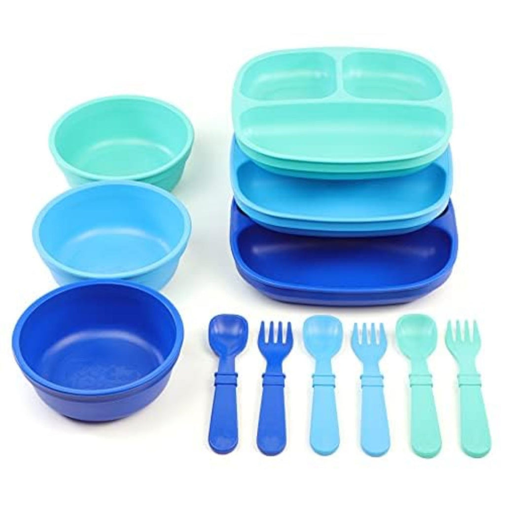 Re-Play Toddler Dinnerware Set - 3 Divided Plates, 3 Snack Bowls & 3 Fork and Spoon Sets - BPA-Free Kids Tableware - Dishwasher Safe - Made in USA from Recycled Materials, True Blue