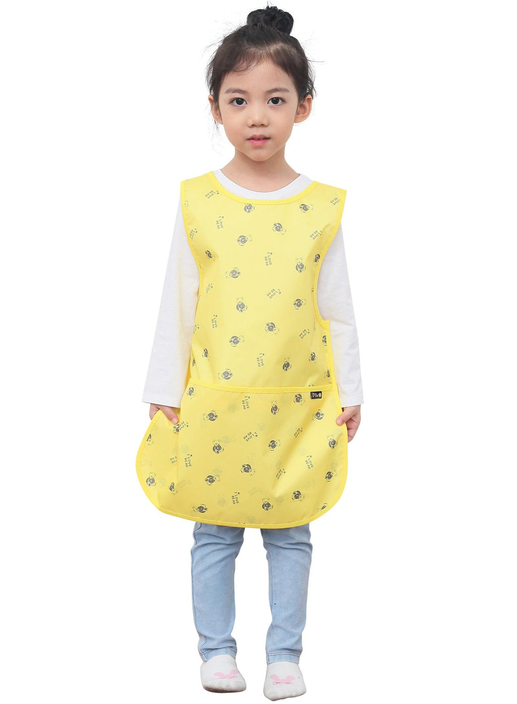 Plie Kids Painting Apron – Waterproof Art Smock for Toddlers & Preschoolers, Messy Play, Baking, Crafts, Cooking, Sensory Activities, Mealtime (Ages 1–10), Yellow Bear (05-XL)