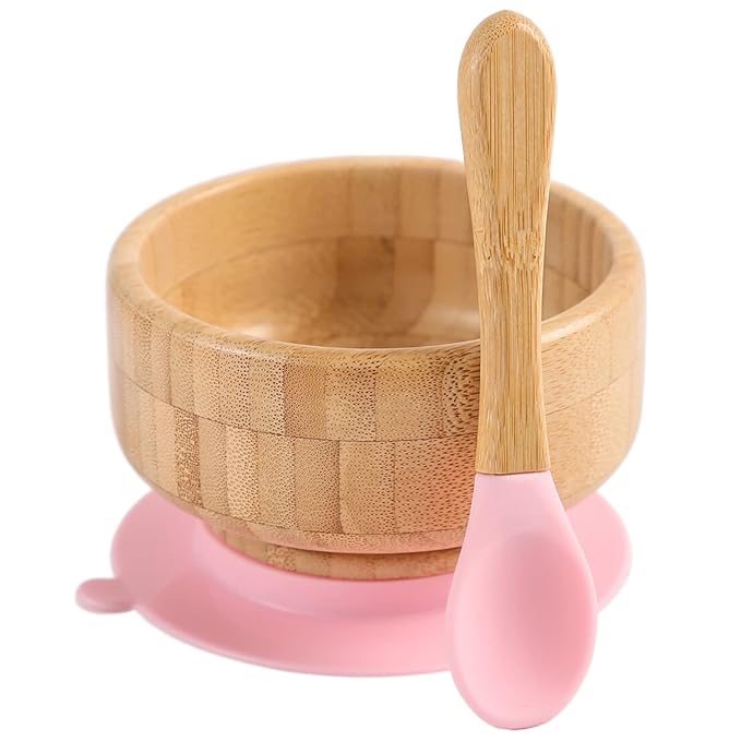 Baby Bamboo Bowls with Suction and Matching Spoon Set,2PC Feeding Supplies Set for Infant, Toddlers,Detachable Silicone Suction Stay Put Base for Wooden Bowl （Pink）