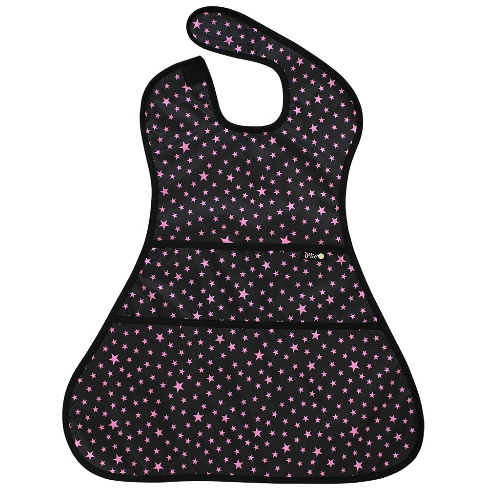 Plie Full Coverage Waterproof Feeding Bib for Toddlers – Extra Long Apron Bib for Mealtime, Self-Feeding, High Chair, Food Catcher, BPA-Free, Easy to Clean - Pink Star