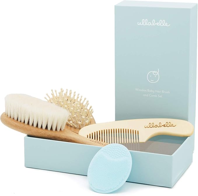 Ullabelle 4 Piece Wooden Baby Hair Brush and Comb Set for Newborns & Toddlers in Chic Gift Box - Ultra Soft Natural Goat Hair and Wood Baby Brush Set Prevents Cradle Cap - Perfect Registry Gift (Blue)