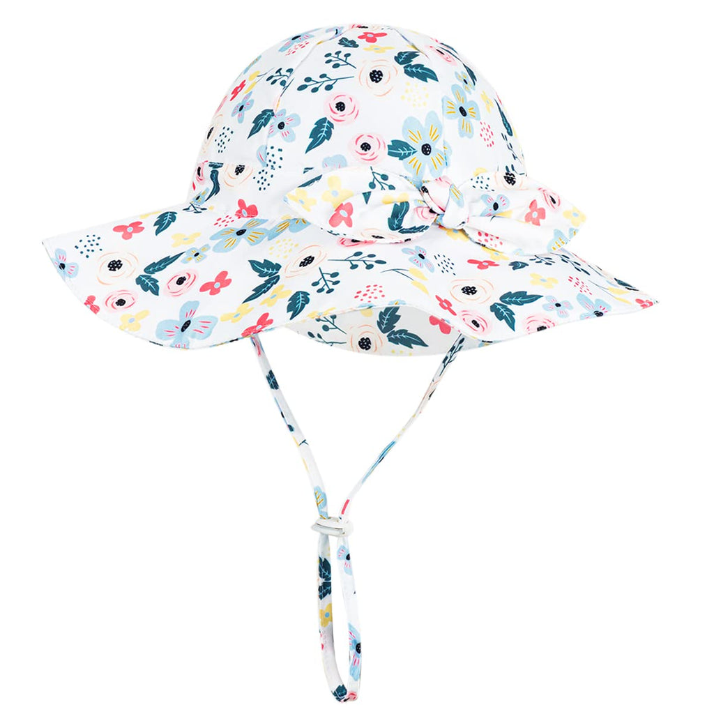 Baby Girl Sun Hat with UPF 50+ Outdoor Adjustable Beach Hat with Wide Brim Bucket Hats (6-12 Months, Pink-Blue Printing)